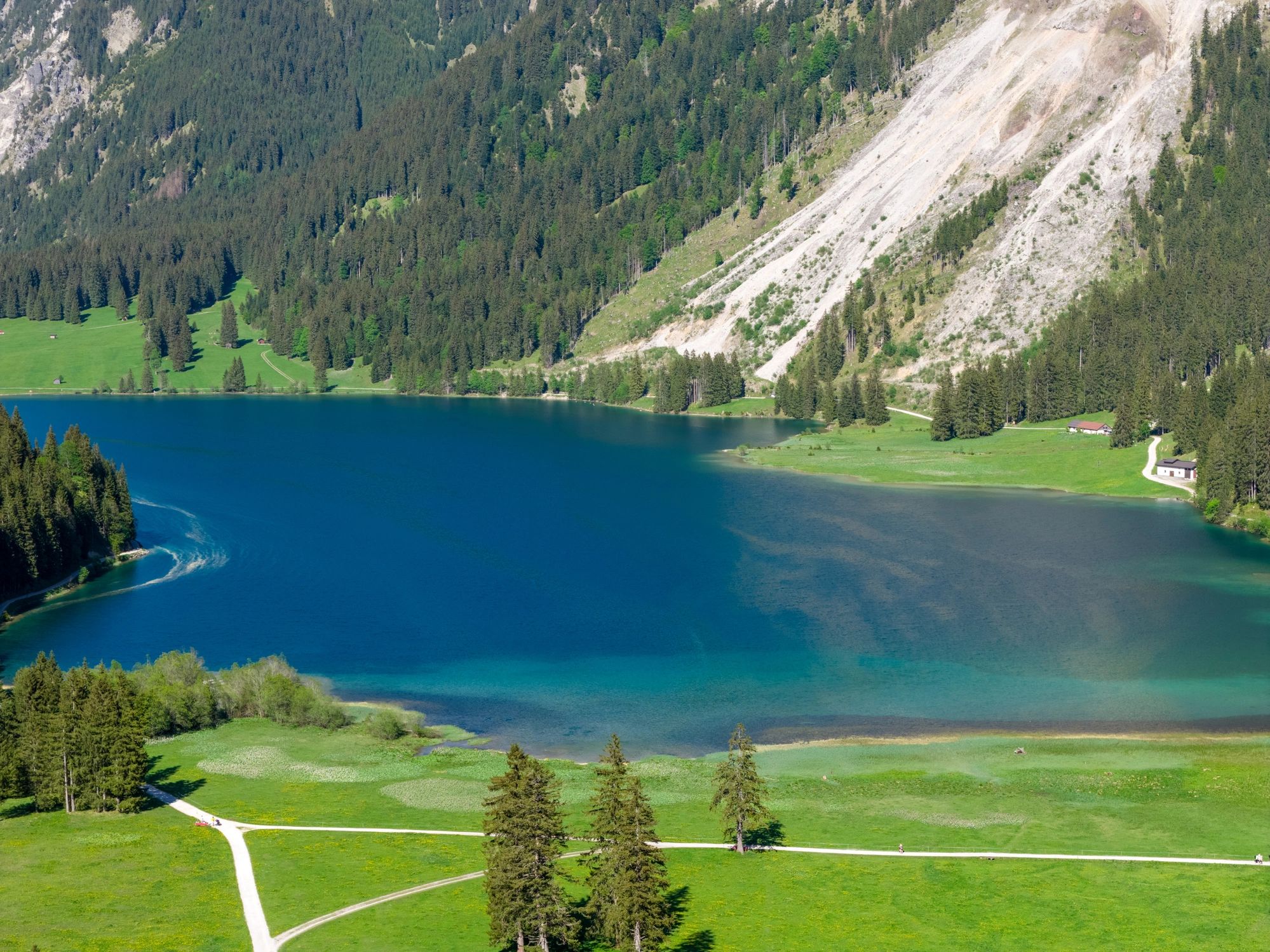Peaceful mountain lake and forest landscape